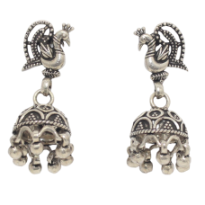 Peacock Jhumka Earrings Jhumki Sterling Silver 925 Women Traditional Hand Engraved Oxidized E573 